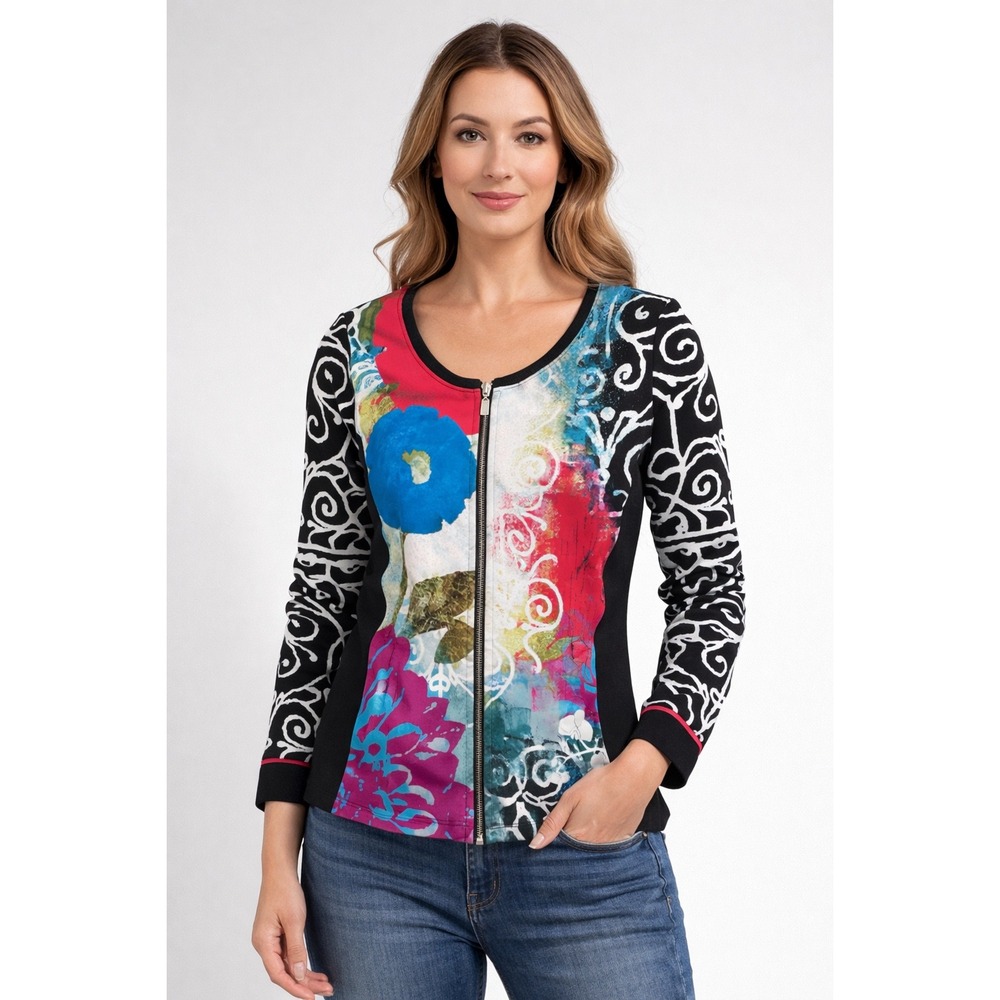 Art by Dolcezza Jacket Black Multi‎ Floral Abstract Print Zip Front Women XS